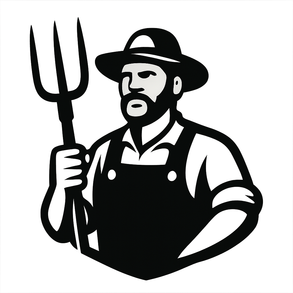 a logo of a farmer holding a folk