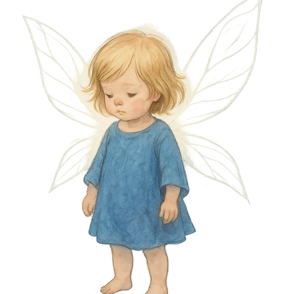 A 2-year-old child with medium-length blonde hair, wearing a simple flowing blue outfit, with large glowing transparent fairy wings inspired by the heroine from Child of Light. Illustrated in a dreamy watercolor style, soft brushstrokes, pastel blue and lavender tones, ethereal fantasy atmosphere, luminous backlight, delicate outlines, storybook art style, Ubisoft Montreal concept art style, transparent background.