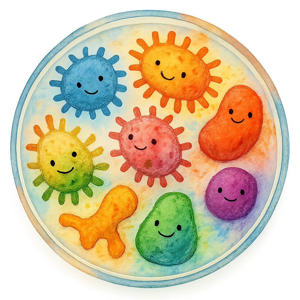 vibrant watercolor of a clear petri dish with richly pigmented colorful friendly germs, bold saturation, cute expressions, soft organic texture, no text, no border, transparent background