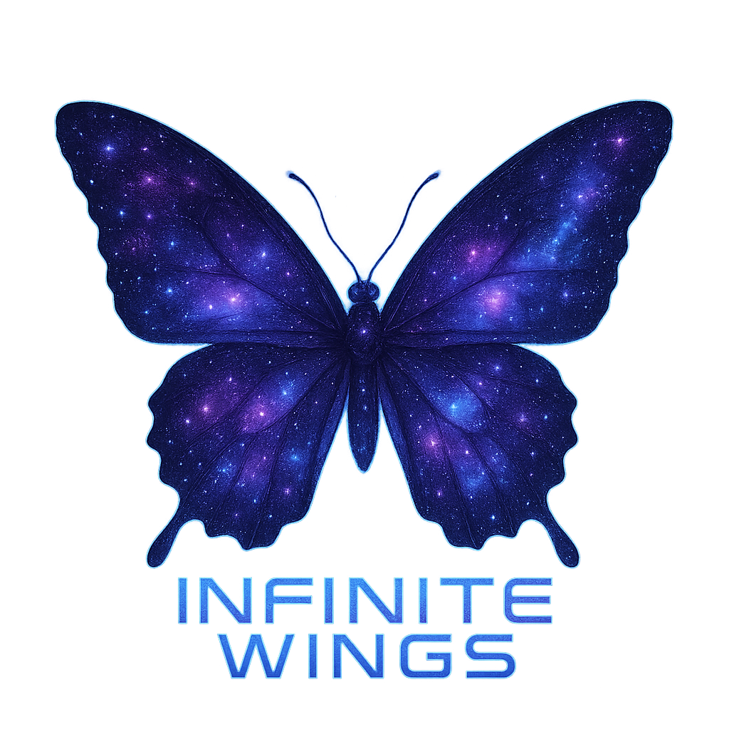 A butterfly with cosmic galaxy patterns in its wings (stars, nebula, purple/blue), glowing aura, with the words “INFINITE WINGS” in futuristic space-themed font, transparent background, high resolution, perfect for posters and T-shirts