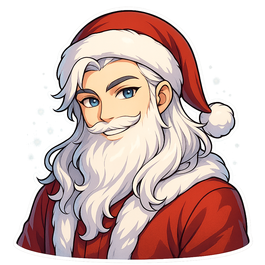 Handsome anime Santa Claus, upper body shot, full Santa hat visible, head tilted slightly to left, elegant face, expressive bright anime eyes, long silky white hair, fluffy beard, luxurious red coat, playful smirk, glowing snowy background, vibrant colors, high-resolution 3000x3000 px, sticker-friendly, transparent background Filename: SantaAnime_TiltLeft.png