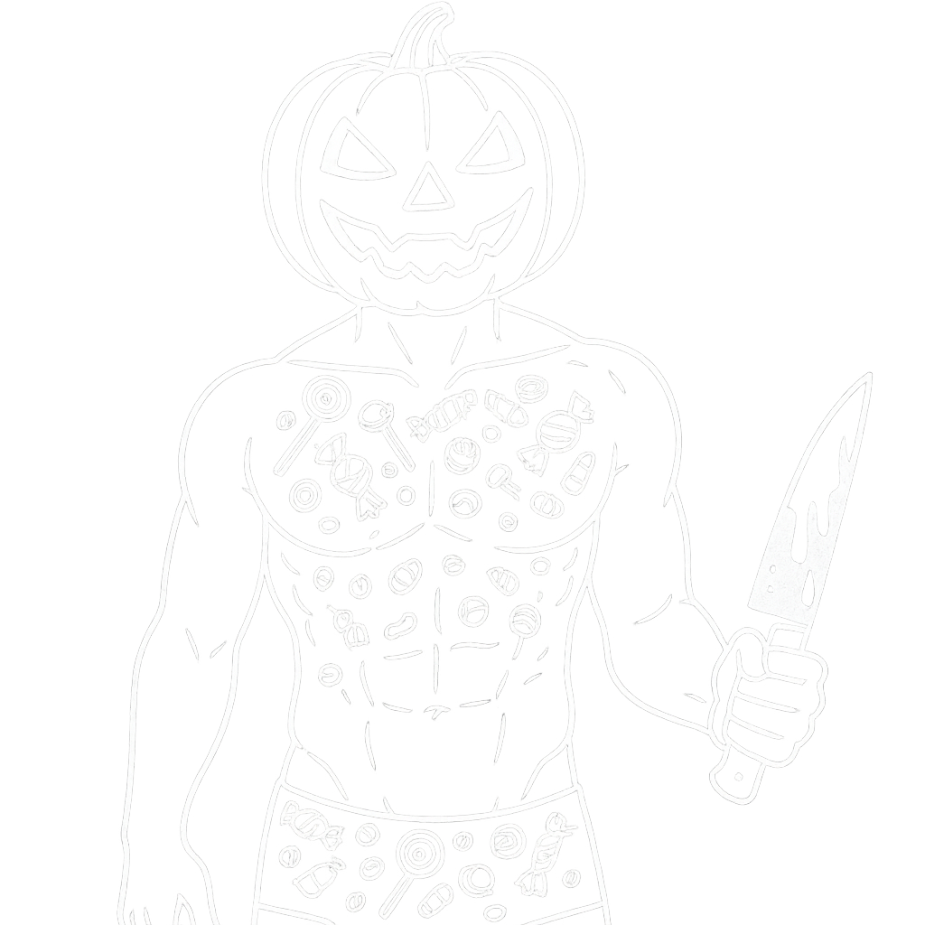 a white outline of a man with a pumpkin on the head, bare chest, abs, v-line, body covered in halloween candies, bloody knife in hand, transparents background