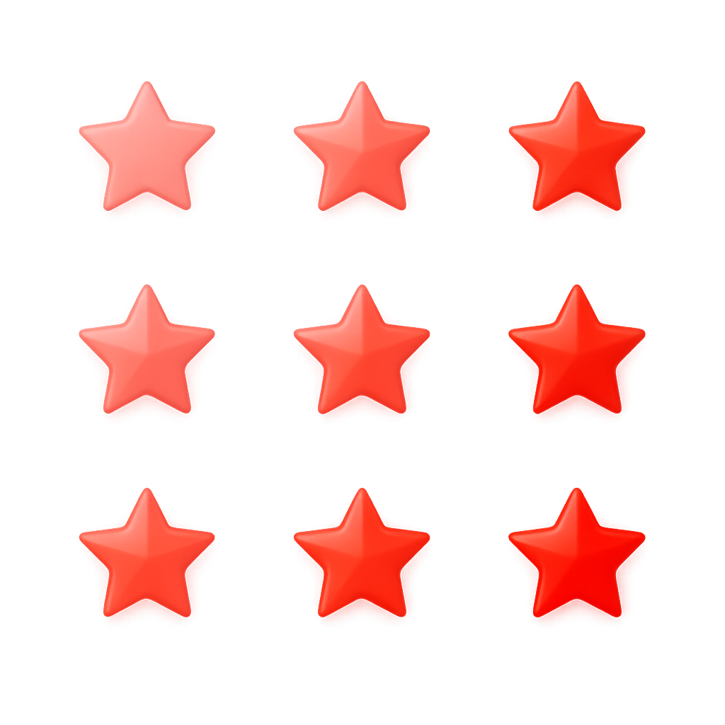 A clean set of 10 five-pointed stars arranged in a neat grid on a transparent background (PNG). Each star should look crisp, glossy, and symmetrical, starting with a pale red star with no glow, and each one gradually becoming a deeper, brighter red with a stronger glow effect. Each star should be slightly different — increasing in glow, saturation, and brightness step by step until the 10th star is vivid crimson with a radiant red aura. Use a minimalist digital icon style, smooth lighting, and soft 3D shading for depth. No background, no text, no grid lines — just clean isolated stars, ready for cropping. Style keywords: digital icon, high quality, transparent PNG, glowing red progression, crisp edges, centered layout, simple, modern. Negative prompt: text, watermark, frame, background, checkerboard, pattern, clipping, blur, extra objects. Settings: – Transparent background ✅ – Output: PNG – Lighting: soft diffuse – Style: 3D Render or Digital Art – Aspect ratio: 1:1 (square)