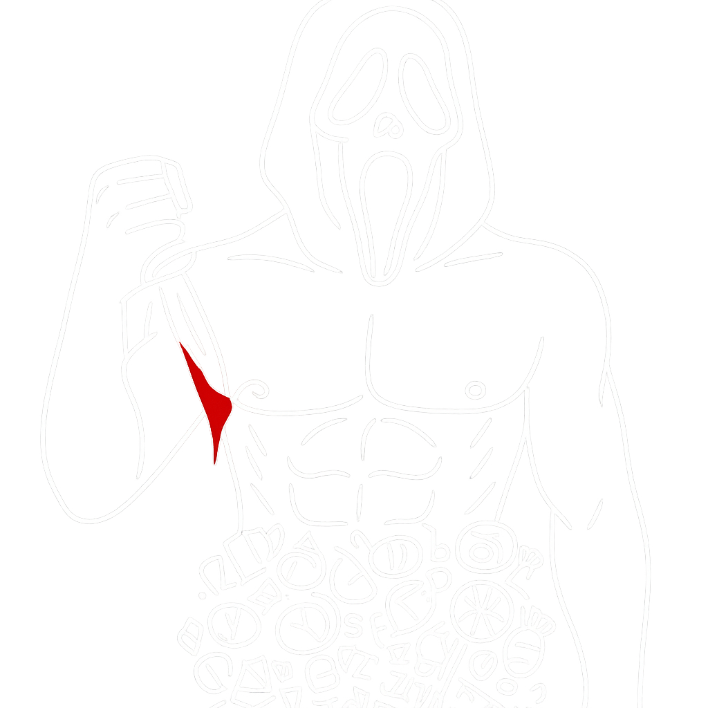 a white outline of Ghostface with a bloody knife, bare chest, abs, v-line, covered in halloween candies, transparent background