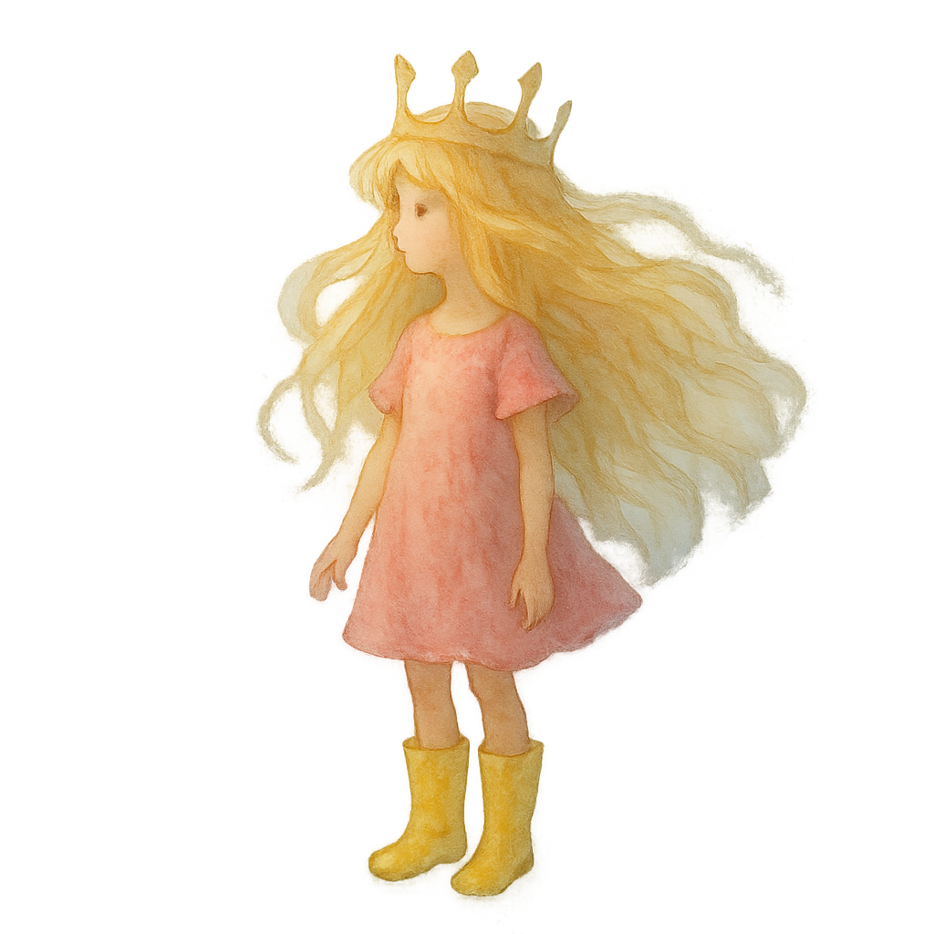 A young girl wearing a pink dress and yellow rain boots with flowing  blonde hair and delicate crown, standing in misty light, hand-painted watercolor style inspired by Child of Light, soft gradients, ethereal atmosphere, fantasy illustration, transparent background.