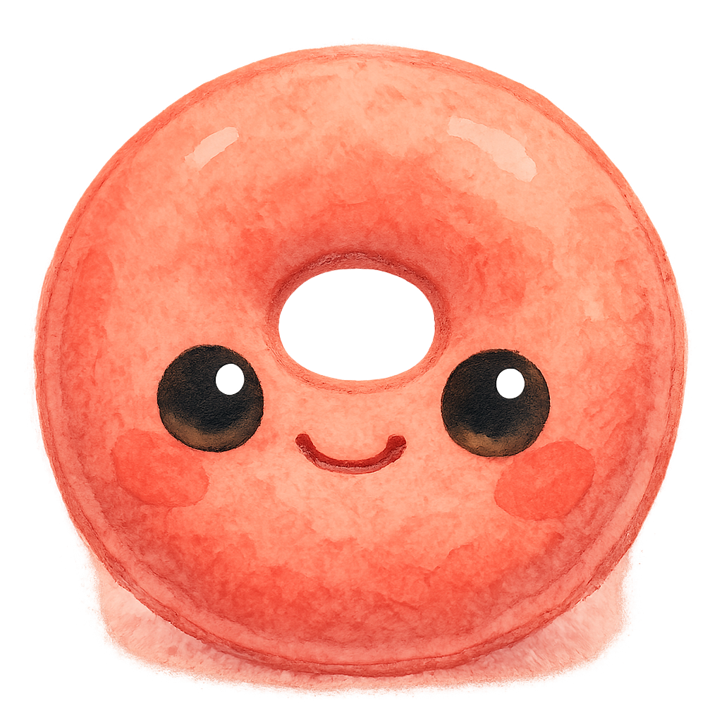 rich vibrant watercolor illustration, cute kawaii microbiology character, round donut-shaped red blood cell buddy with soft padded texture, pastel coral and peach pink pigments softly blended, big shiny eyes, rosy cheeks, soft edges, no text, no border, transparent background