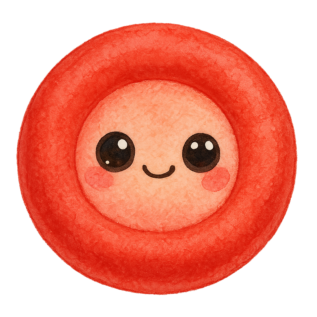 rich vibrant watercolor illustration, cute kawaii microbiology character, round donut-shaped red blood cell buddy with soft padded texture, pastel coral and peach pink pigments softly blended through the center with seamless transition from the outer red, big shiny eyes with light colored highlights, rosy cheeks, soft edges, no text, no border, no color overlapping graphic outline,transparent background