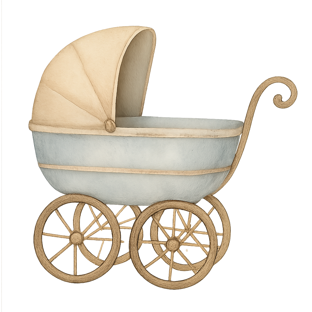 watercolor vintage baby stroller, classic design, soft pastel blue beige and brown tones, gentle shading, elegant hand-painted style, cozy and nostalgic, transparent background, high quality baby shower illustration