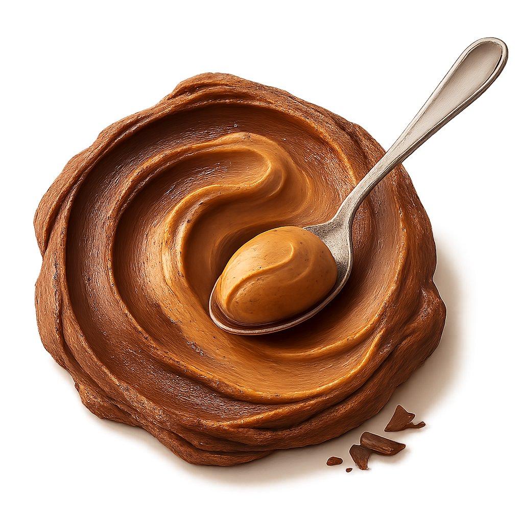 A realistic, appetizing swirl of chocolate peanut butter in rich cocoa-brown and warm nutty tones. The swirl must look natural and hand-scooped — with soft uneven ridges, gentle peaks, and organic flowing curves (NOT a perfect circle). The peanut butter should look thick, creamy, and luscious with a velvety smooth surface and natural glossy highlights, showing soft light reflections on the peaks and deeper shadows in the folds.   Place a shiny stainless-steel spoon **resting on the swirl**, not dipped in, with a small, elegant scoop of the chocolate peanut butter sitting on the spoon. Add a few small, subtle chocolate pieces or delicate chocolate shavings near the base — elegant and minimal. Soft warm studio lighting for a cozy premium feel. Include a soft natural shadow beneath to make the swirl and spoon appear resting on the label surface.  **Transparent PNG**, no background, no bowl, no table. Centered composition, photorealistic, artisan food photography style.  **Do NOT:** make the swirl perfectly circular, too smooth like frosting, or symmetrical.