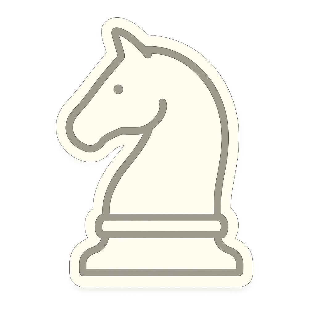 A flat, two-dimensional vector icon of a chess KNIGHT piece, drawn in off-white color with no background. The design should be minimalistic, clean, and sticker-style, with smooth lines and no extra details.