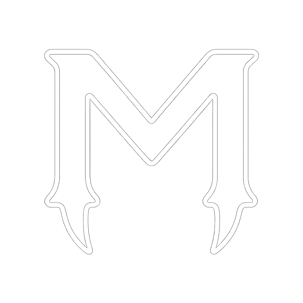 a white outline of the letter m with fangs