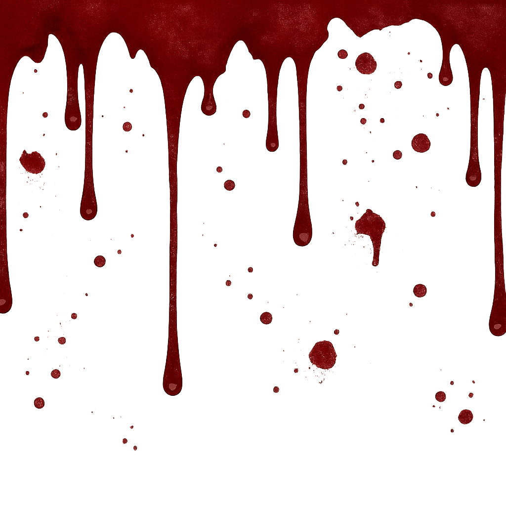 Create an image of dripping bloodstains. Transparent background. Fictional, for a wallpaper in 16:9 format for a Halloween party. No text