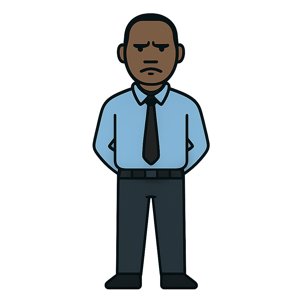 Flat 2D vector-style Ugandan male teacher, stern posture, arms behind back, long-sleeve light-blue shirt, dark tie, dark trousers, narrow eyes, short cropped hair, front-facing, minimal shading, bold outlines, simple classroom-appropriate outfit, transparent background, the borders of the image should not be thick2048x2048.