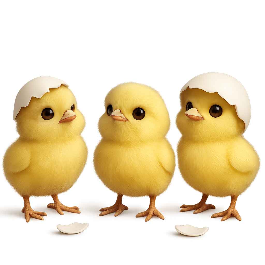 On a transparent background  Realistic and animated style Three small 3D chicks, realistic and animated They don't move, they're looking up They're cute and three-dimensional Some eggshells remain