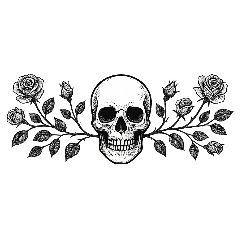 skull and vein of roses page divider black ink wide