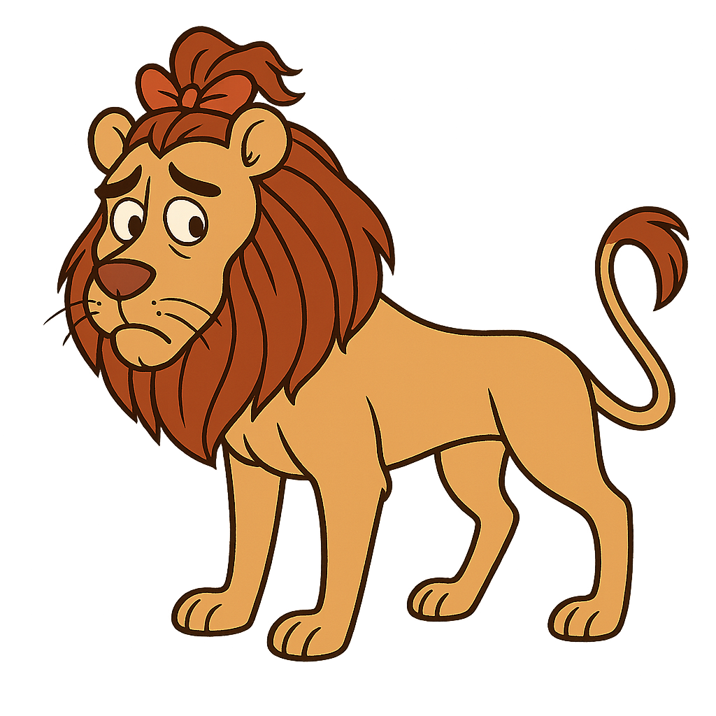gimme a PNG of the cowardly lion from the wonderful wizard of oz and it should be a little cartoon style with no background he should be standing on 4 legs and it is a boy not a girl also make him more slimmer