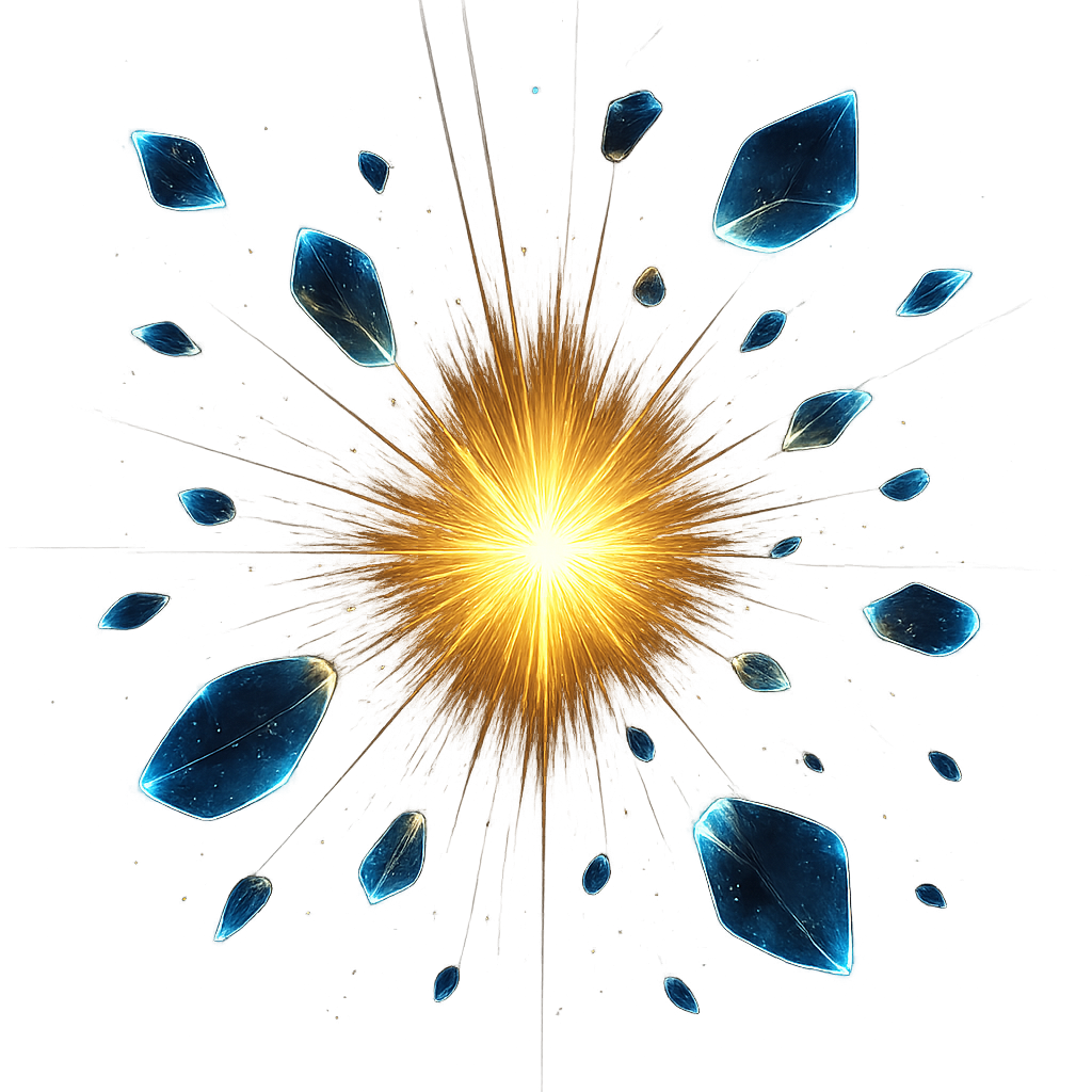 Gold light burst with floating glass particles, ultra-luxury, photorealistic, sapphire neon glow, transparent background