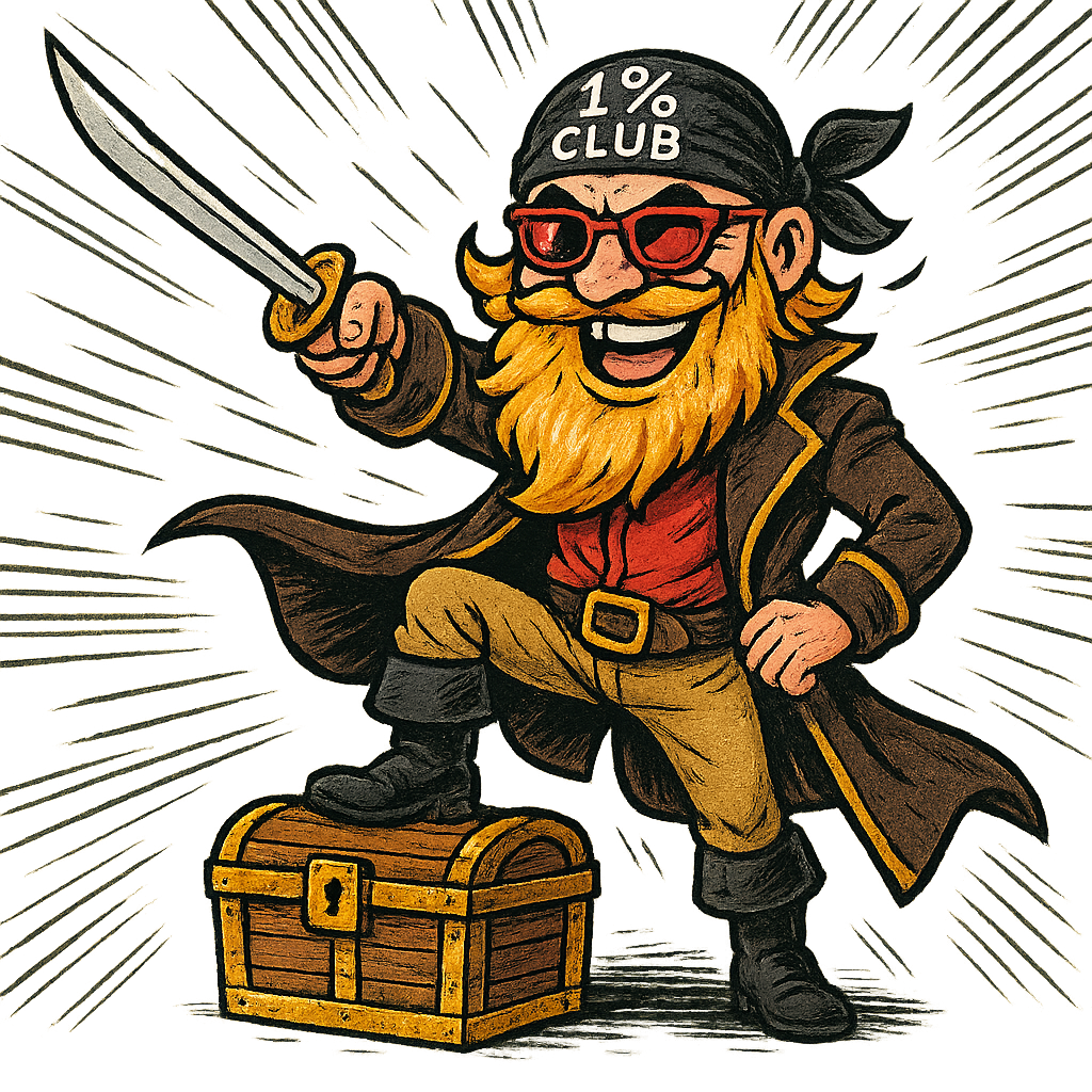 Same character as base prompt (golden explosion beard, red sunglasses, '1% Club' bandana), now pointing sword forward with one hand, other hand on hip, one foot on treasure chest, winking, exaggerated confident smile, pirate coat fluttering, comic-style motion lines, transparent background.