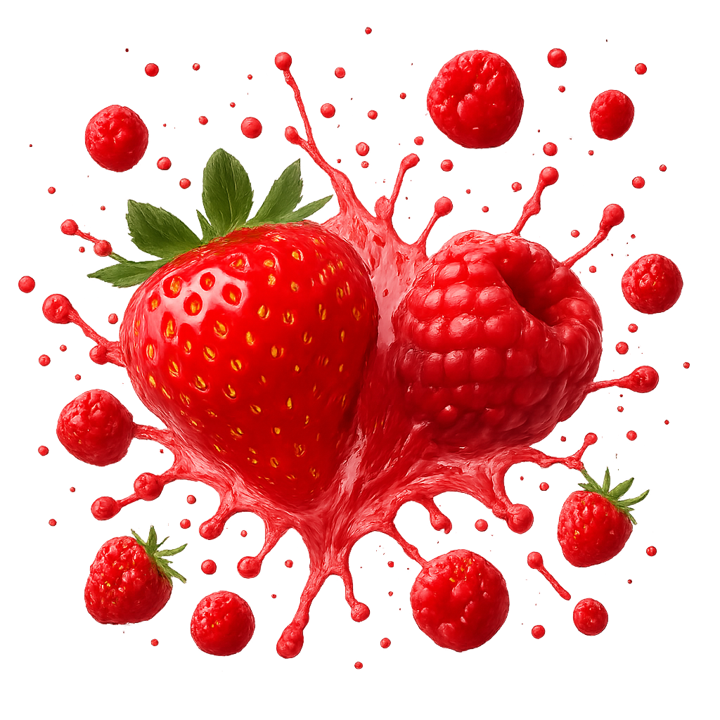 generate spash image of strawberry and raspberry with more spash and tiny fruits everywehre
