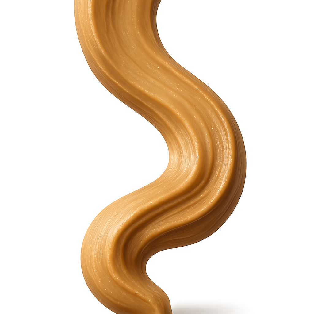 A realistic, appetizing swirl-style stroke of creamy smooth peanut butter flowing from the top edge downward, as if gently poured, forming an elegant, natural curve. Rich golden-beige tones, velvety texture, natural glossy highlights, and subtle spread lines for a handcrafted look. The stroke should feel fluid, graceful, and slightly thick, with variation in width to show motion and depth. Soft warm studio lighting for a premium, cozy, artisanal mood. Include a soft, natural shadow beneath the peanut butter so it appears physically resting on the label surface. No background, no container — transparent PNG. Centered composition, photorealistic detail, high-end food photography style.