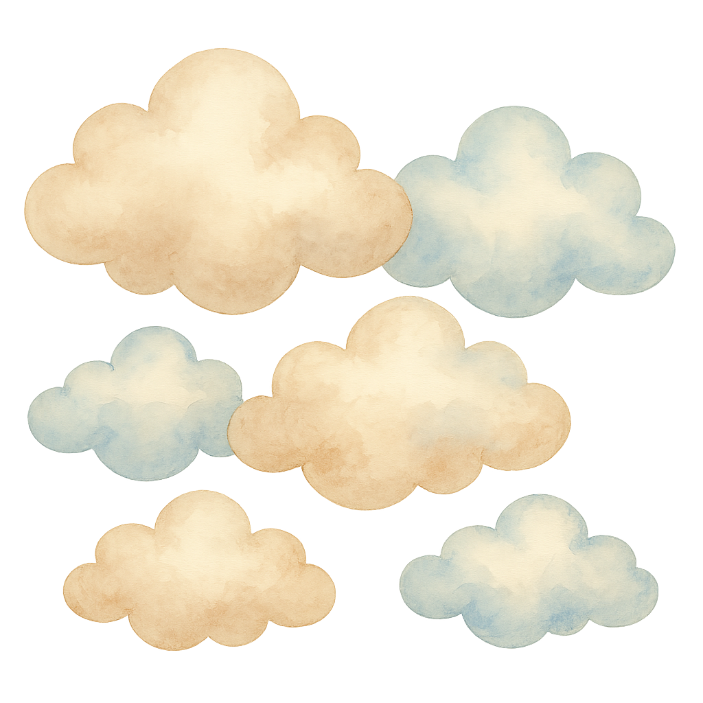 watercolor vintage baby clouds, soft fluffy shapes, pastel blue beige and light brown tones, gentle shading, cozy hand-painted texture, cute baby shower theme, several clouds grouped together, transparent background, high quality illustration