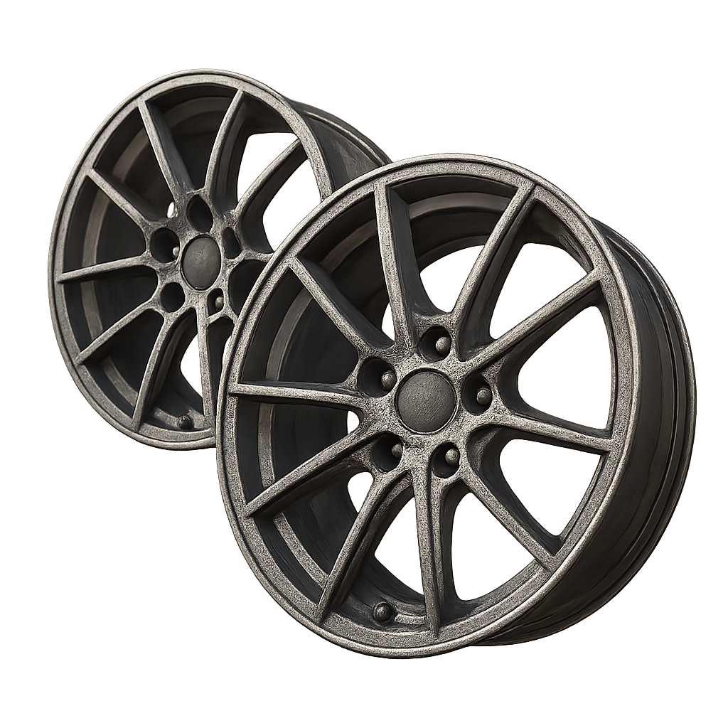Ultra-detailed 3D render of car rims, floating in mid-air with transparent background, metallic textures, showing spokes and hub details, realistic lighting, PNG.