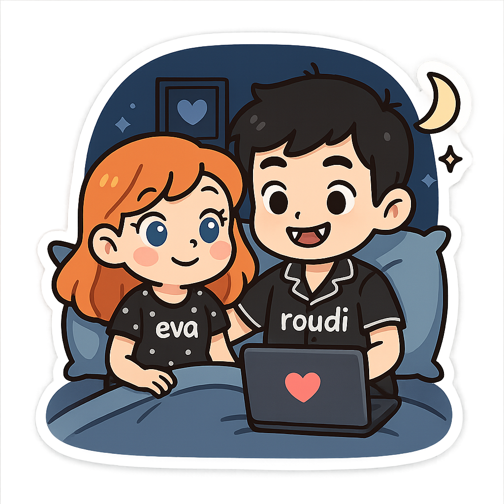 Cute cartoon couple, girl with orange hair and blue eyes wearing sweet black pijama of summer with "eva",  Beautiful boy with black hair and brown eyes vampire teeth wearing cute black pijama with "roudi", watching a film of love in sweet bed at night  in the room, sweet couple sticker style, transparent background, 512x512