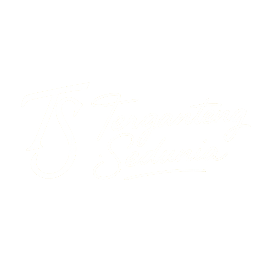 Create a transparent PNG signature with the text "Terganteng Sedunia" in elegant, flowing italic lettering. Make the style artistic, unique, and premium. On the left side, add a stylized monogram “TS” designed like a distinctive, iconic logo — bold, creative, and eye-catching, with a unique shape that feels custom-made. Apply a soft glow effect around both the monogram and the signature so the design looks clear, luminous, and standout. Keep everything clean, smooth, and professional. No background. Transparent PNG output.