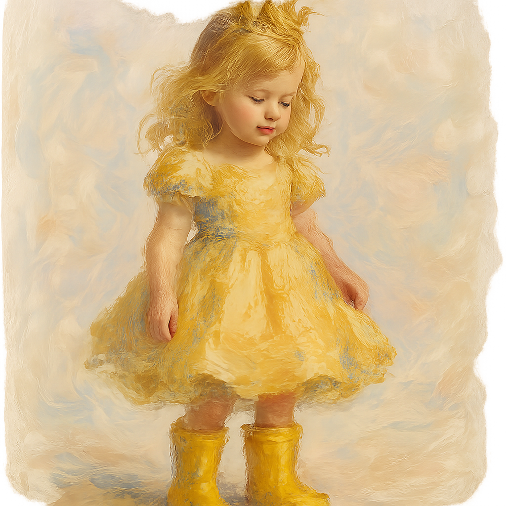 Free flowing whimsy oil painting style image of a 5 year old blonde princess wearing yellow rain boots