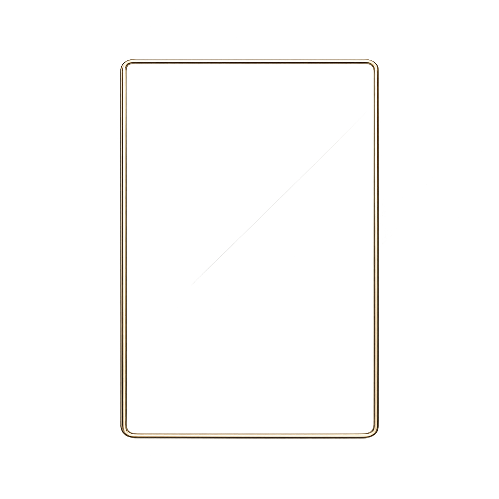 Transparent glass rectangle with thin gold outline and subtle inner glow, ultra-luxury, photorealistic, futuristic minimal, centered, transparent background