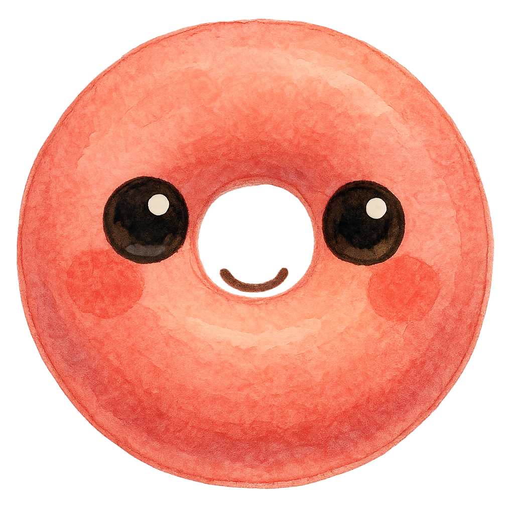 rich vibrant watercolor illustration, cute kawaii microbiology character, round donut-shaped red blood cell buddy with soft padded texture, pastel coral and peach pink pigments softly blended, big shiny eyes with light colored highlights, rosy cheeks, soft edges, no text, no border, no color overlapping graphic outline,transparent background