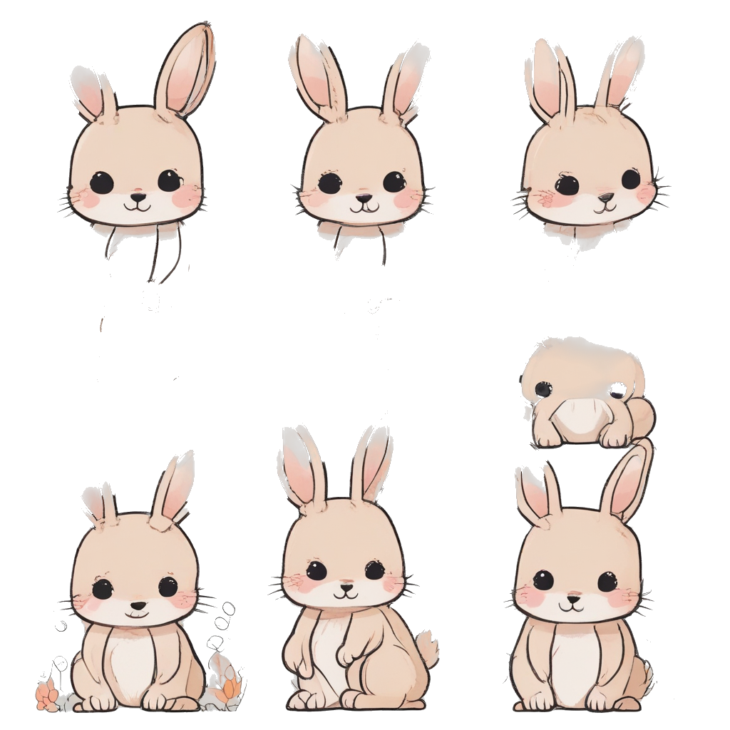 Draw a picture of a cute figure with a rabbit theme. The picture contains pictures from three angles: front view, left view, and back view. The color must be bright and cute.