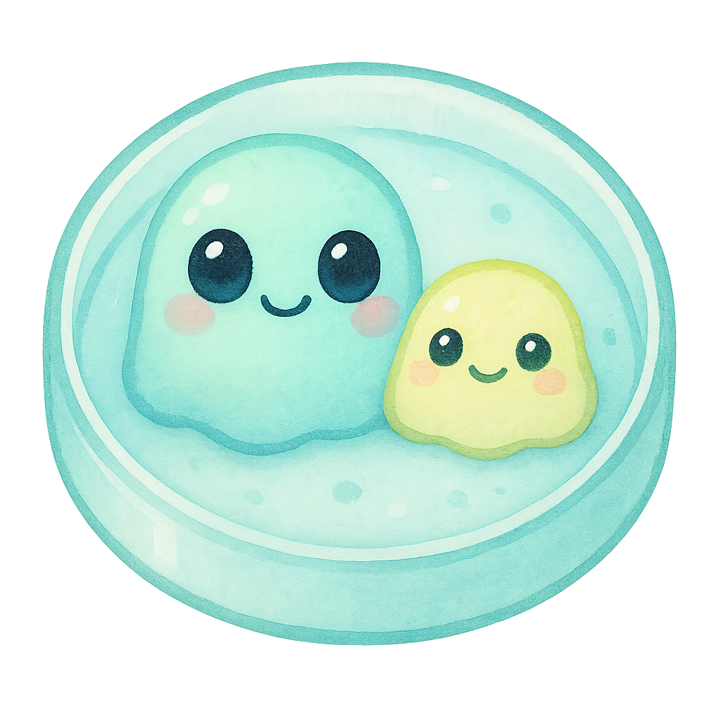 rich vibrant watercolor illustration, kawaii microbiology character, full body clearly visible, centered composition with extra space around the character, framed so character occupies no more than 70% of canvas height, cute round petrie dish buddy with a shallow circular dish shape and soft jelly-like agar surface inside, two happy pastel microbes growing on the agar in simple rounded shapes, soft pastel microbiology palette (main colors mint green and baby aqua with gentle pale lemon accent only), large glossy oval eyes, deep rich black pupils that are perfectly smooth, solid, and uniform (no watercolor texture, no noise, no grain), glassy finish with two clean reflective highlights in pale blue and pale pink (not white so they remain visible on transparent PNG), tiny dot eyebrows, small simple happy smiling mouth, subtle rosy cheek tint, soft diffuse watercolor shading, smooth clean outer silhouette, crisp transparent cutout edge, no outer shading, no glow, no vignette, no background wash, no text, no border, transparent background