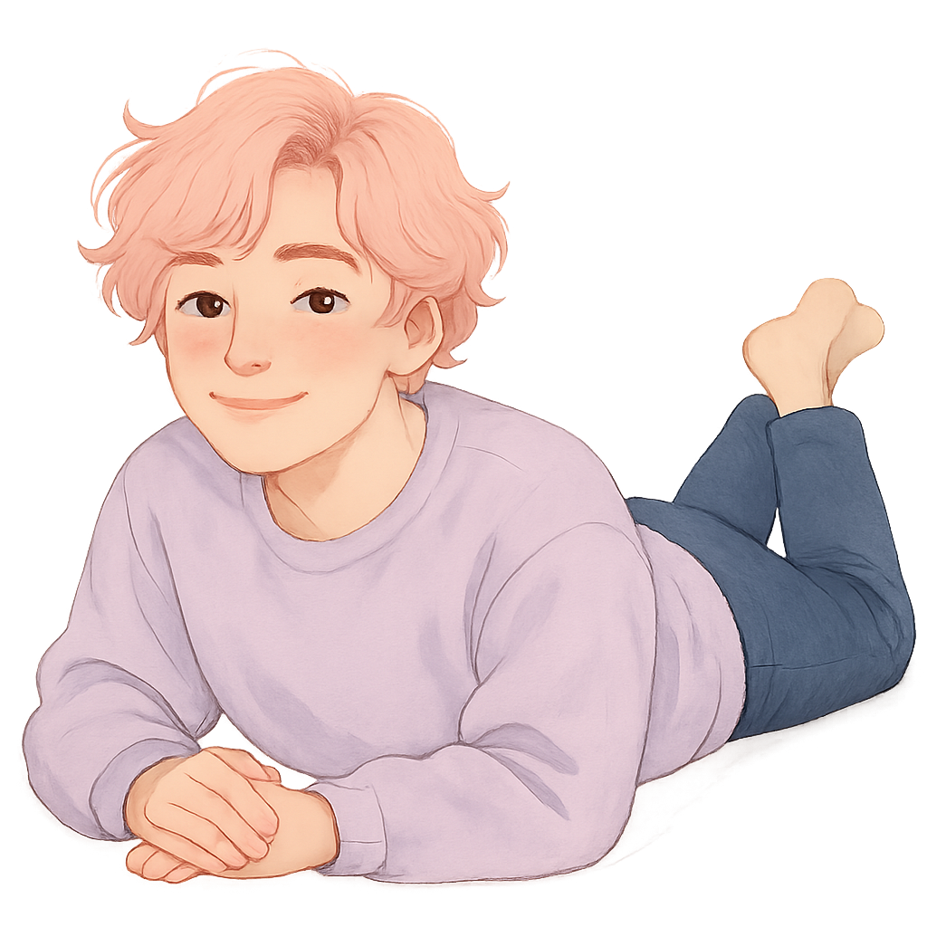 semi-realistic aesthetic illustration of a cute person resting on their stomach with their upper body lifted on their elbows, eyes open, gentle soft smile, pastel pink wavy hair, oversized pastel lavender sweatshirt, navy blue pants, cozy aesthetic, soft clean background, modern illustration style, high quality, not sleeping