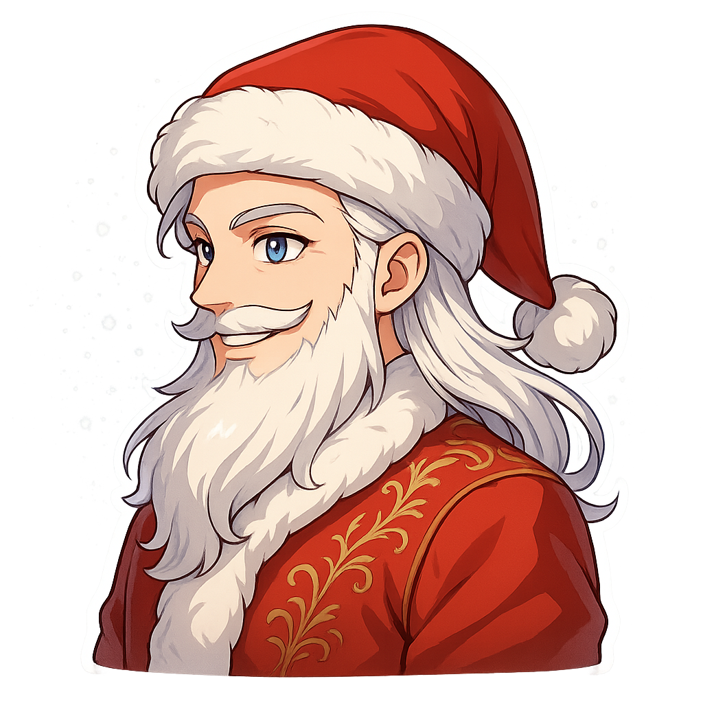 Handsome anime Santa Claus, upper body shot, full Santa hat visible, facing left, elegant face, bright expressive anime eyes, long silky white hair, well-groomed fluffy beard, stylish red coat with golden embroidery, playful side smile, snowy glowing background, high-resolution 3000x3000 px, sticker-friendly, transparent background Filename: SantaAnime_SideLeft.png