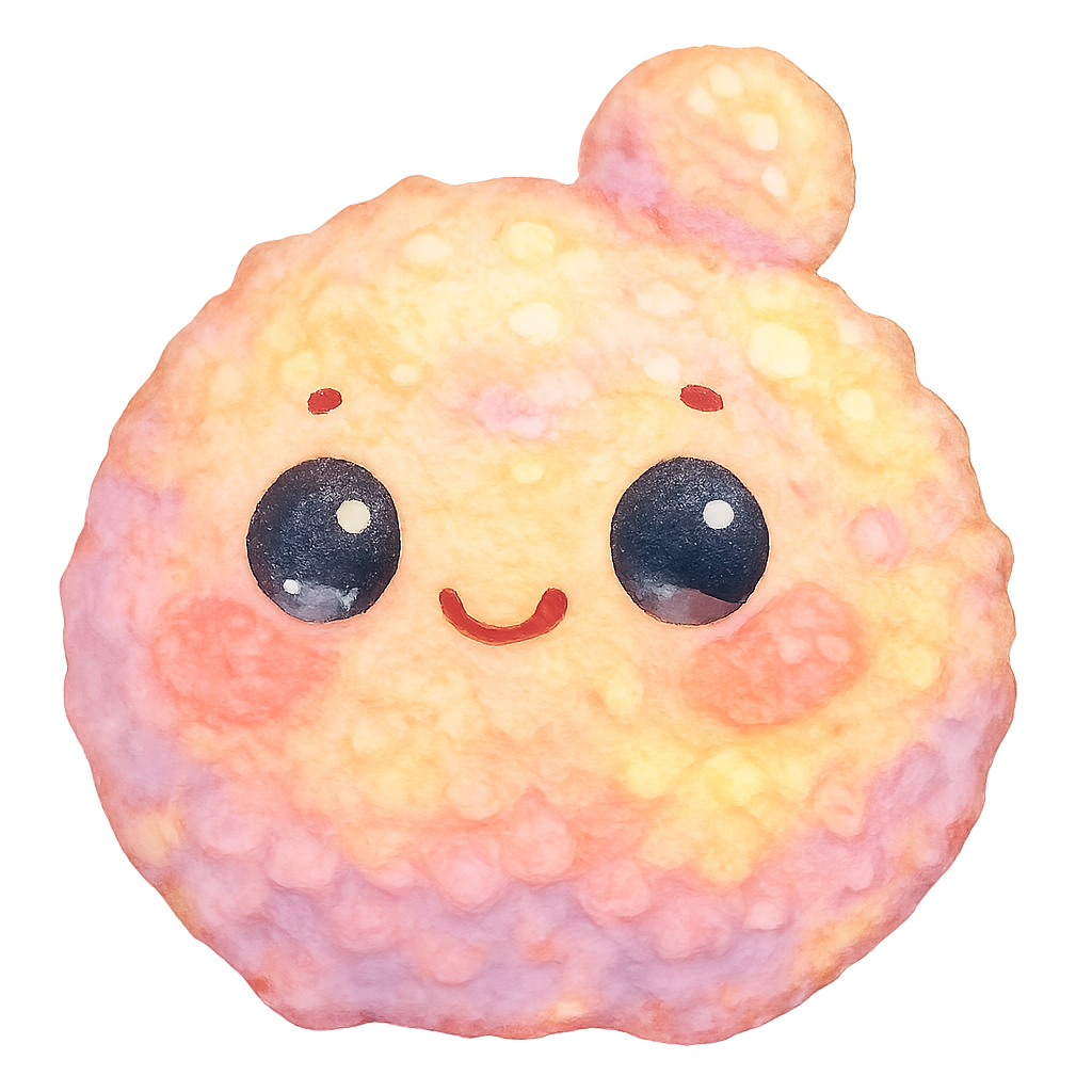 rich vibrant watercolor illustration, cute kawaii microbiology character, chubby round pastel rainbow yeast buddy, soft bumpy surface like rising dough, gentle bubbly texture, warm peach, pastel pink, lavender and buttercream yellow blending, big shiny eyes with pale blue and pale pink highlights so they do not disappear on transparency, tiny dot eyebrows, small smiling mouth, rosy cheeks, soft edges, no text, no border, transparent background