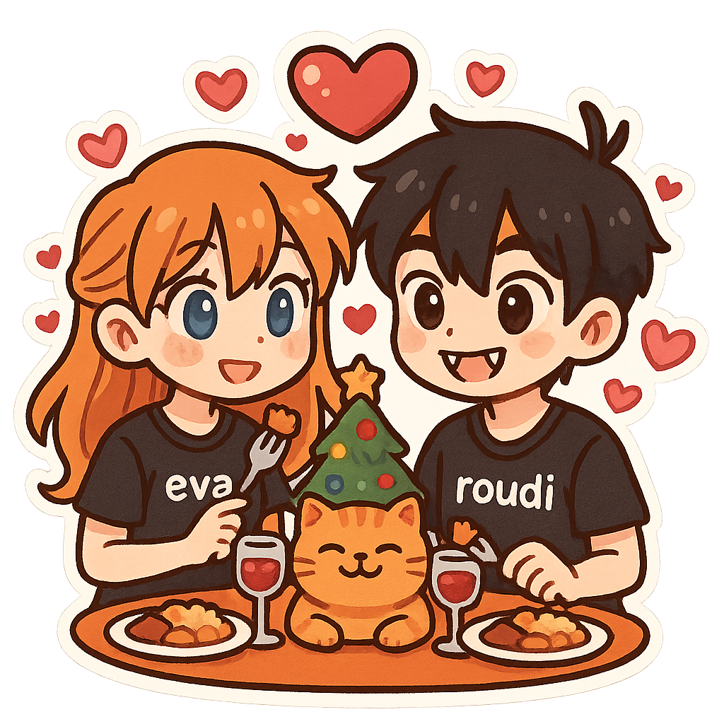 A cute good anime couple, girl with orange hair and blue eyes wearing black pijama with "eva", amazing boy with black hair and brown eyes vampire teeth wearing black pijama with "roudi" , and orange fat cat smile,  having dinner in sweet christmas full with hearts ,sweet couple sticker style, transparent background, 512x512