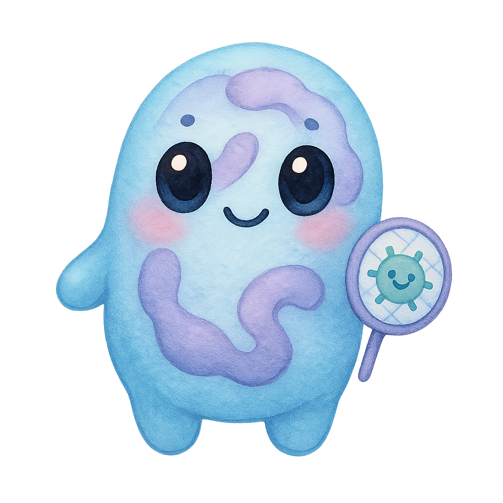 rich vibrant watercolor illustration, kawaii immunology character, full body clearly visible with extra space around, centered composition, framed so character occupies no more than 70% of canvas height, cute neutrophil jellybean defender shaped like a plump smooth jellybean with soft pillowy texture and tiny segmented nucleus pattern inside like gentle swirled ribbons, soft pastel hematology palette (main colors powdered sky blue and soft steel lavender with gentle lilac accent only), large glossy oval eyes, deep rich black pupils that are perfectly smooth, solid, and uniform (no watercolor texture, no noise, no grain), glassy finish with clean reflective highlights in pale blue and pale pink (not white so they remain visible on transparent PNG), tiny dot eyebrows, small confident smiling mouth, subtle rosy cheek tint, holding a tiny pastel germ net or shield, soft diffuse watercolor shading, smooth clean outer silhouette, crisp transparent cutout edge, no outer shading, no glow, no vignette, no background wash, no border, no text, transparent background