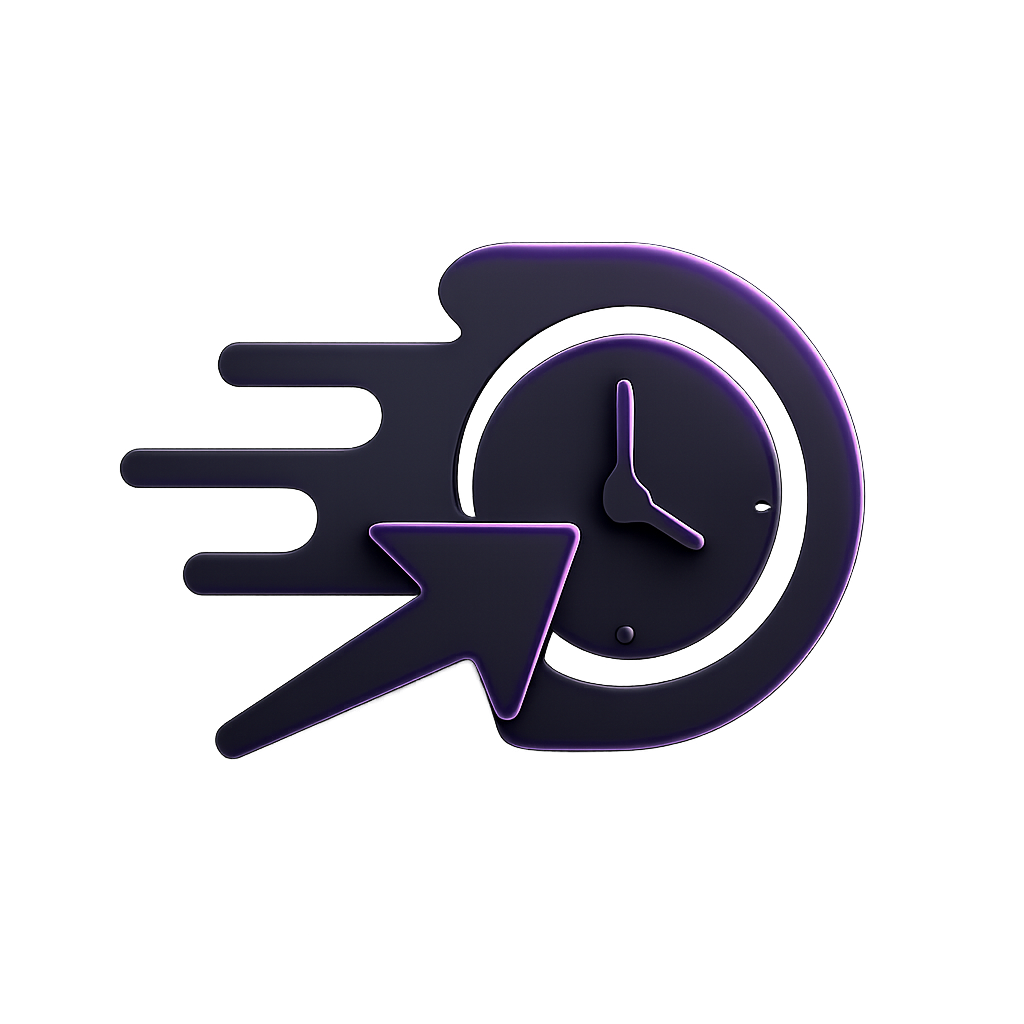 A premium, futuristic minimal icon symbolizing speed and efficiency. Features a stylized arrow or motion lines and a clock conveying fast movement. Simple geometric composition with smooth curved shapes, neon purple accents, dark gray tones, subtle glow and reflections. No text, no background, transparent backdrop, isolated vector-like design for website use. Clean, easy-to-read, minimal details for small-size visibility, consistent with futuristic marketing visuals.