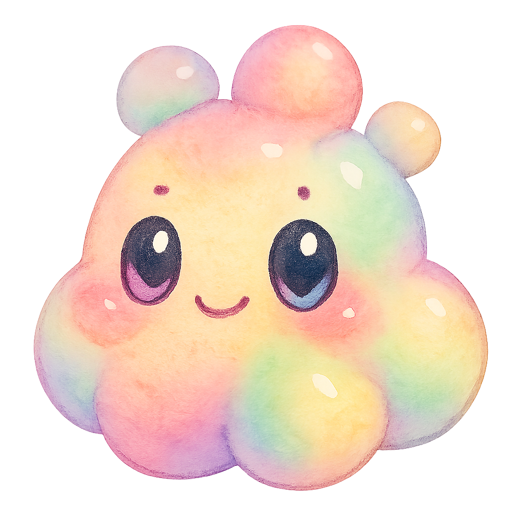 rich vibrant watercolor illustration, kawaii microbiology character, cute chubby pastel rainbow yeast buddy shaped like a cluster of soft round doughy bubbles, smooth shiny texture, gentle blending peach pink lavender mint and buttercream yellow, big shiny oval eyes with pale blue and pale pink highlight reflections that stay visible on transparency, tiny dot eyebrows, small smiling mouth, rosy cheeks, soft diffuse edges, no text, no border, transparent background
