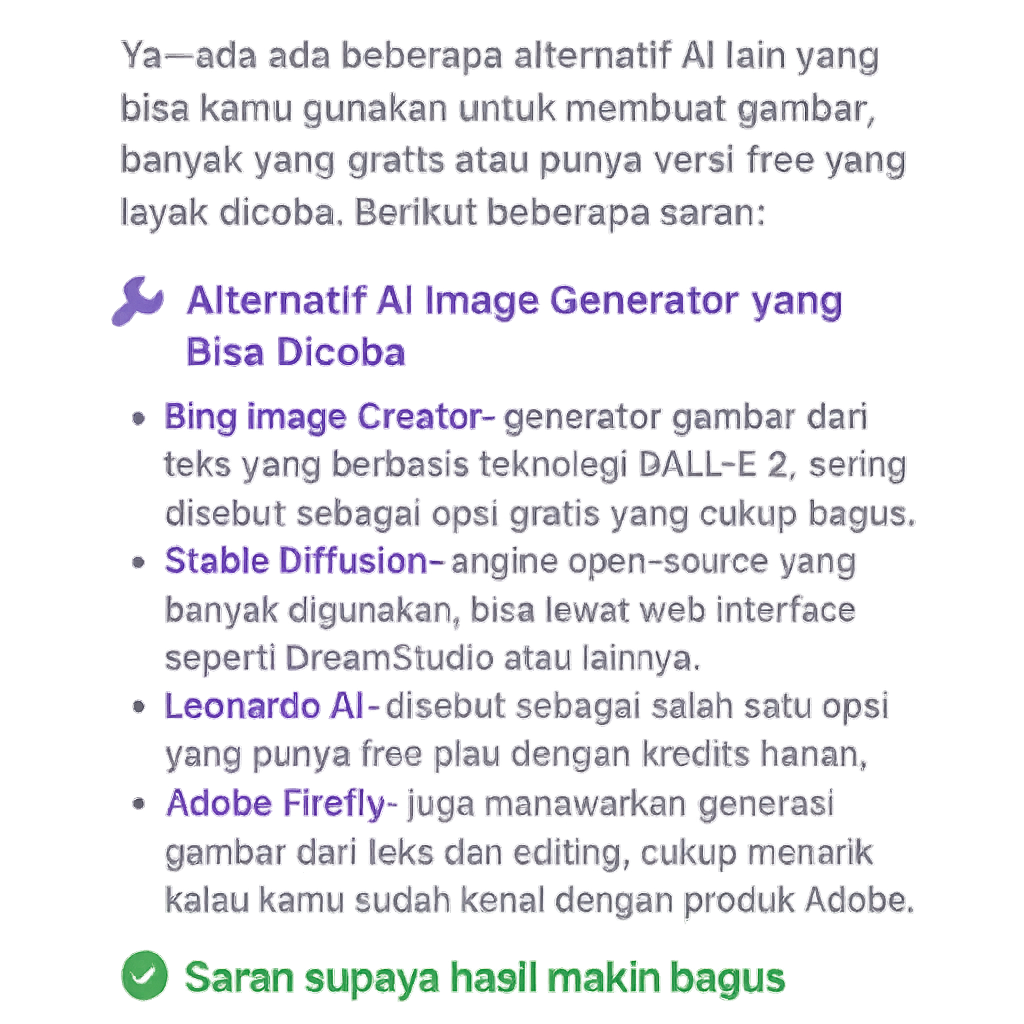 Ya — ada beberapa alternatif AI lain yang bisa kamu gunakan untuk membuat gambar, banyak yang gratis atau punya versi free yang layak dicoba. Berikut beberapa saran:  🔧 Alternatif AI Image Generator yang Bisa Dicoba  Bing Image Creator — generator gambar dari teks yang berbasis teknologi DALL·E 2, sering disebut sebagai opsi gratis yang cukup bagus.   Stable Diffusion — engine open-source yang banyak digunakan, bisa lewat web interface seperti DreamStudio atau lainnya. Free tier terbatas tapi fleksibel.   Leonardo AI — disebut sebagai salah satu opsi yang punya free plan dengan kredits harian.   Adobe Firefly — juga menawarkan generasi gambar dari teks dan editing, cukup menarik kalau kamu sudah kenal dengan produk Adobe.    ✅ Saran supaya hasil makin bagus  Saat memasukkan prompt (deskripsi gambar), usahakan spesifik: sebut “5 orang”, “berkumpul”, “bahagia”, “latarnya transparan”, “format PNG”, “warna lembut”