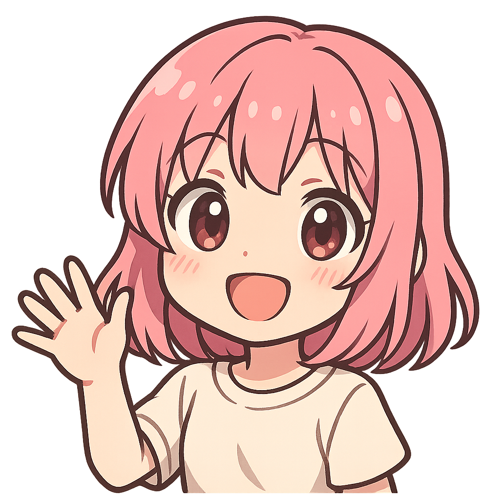Cute anime-style girl emote, waving hand and smiling warmly, pink hair, big expressive eyes, transparent background, cell‑shading style, high‑resolution, suitable for Twitch emote