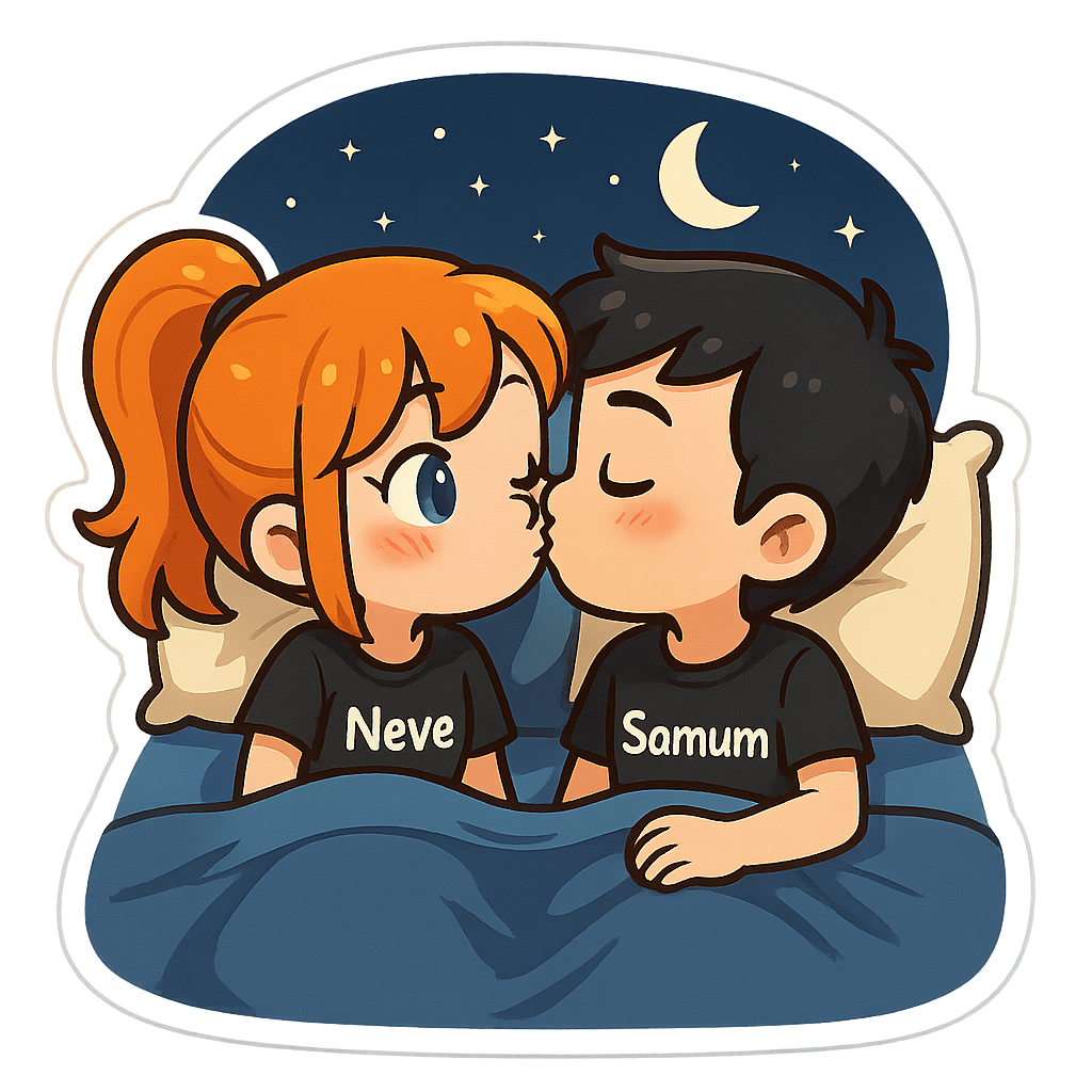 Cute cartoon couple, girl with orange hair and blue eyes wearing black pijama with "Neve", boy with black hair and brown eyes wearing pijama in the bed black pijama with "Samum", kissing in the bed in the night, sweet couple sticker style, transparent background, 512x512