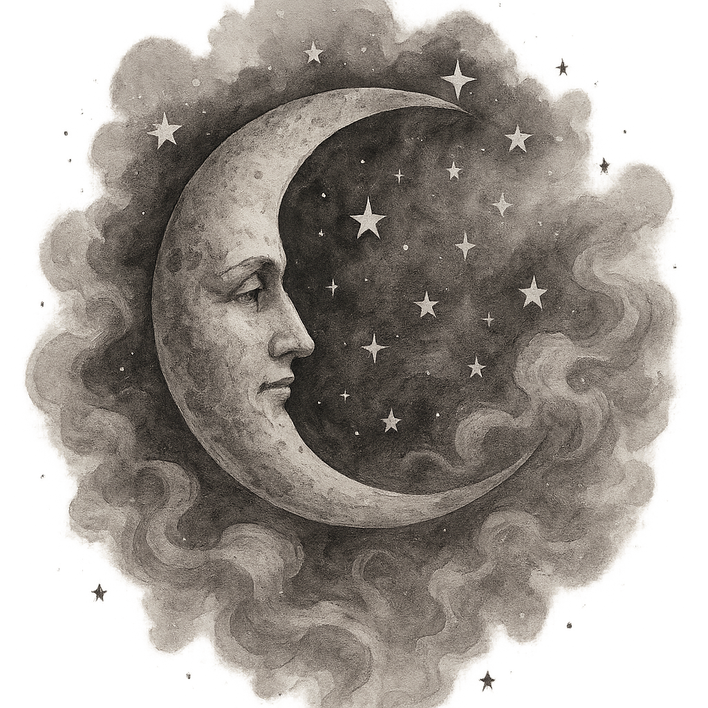 A highly detailed, realistic vintage boho digital watercolour black and white painting clipart of a crescent moon surrounded by stars and swirling mist.