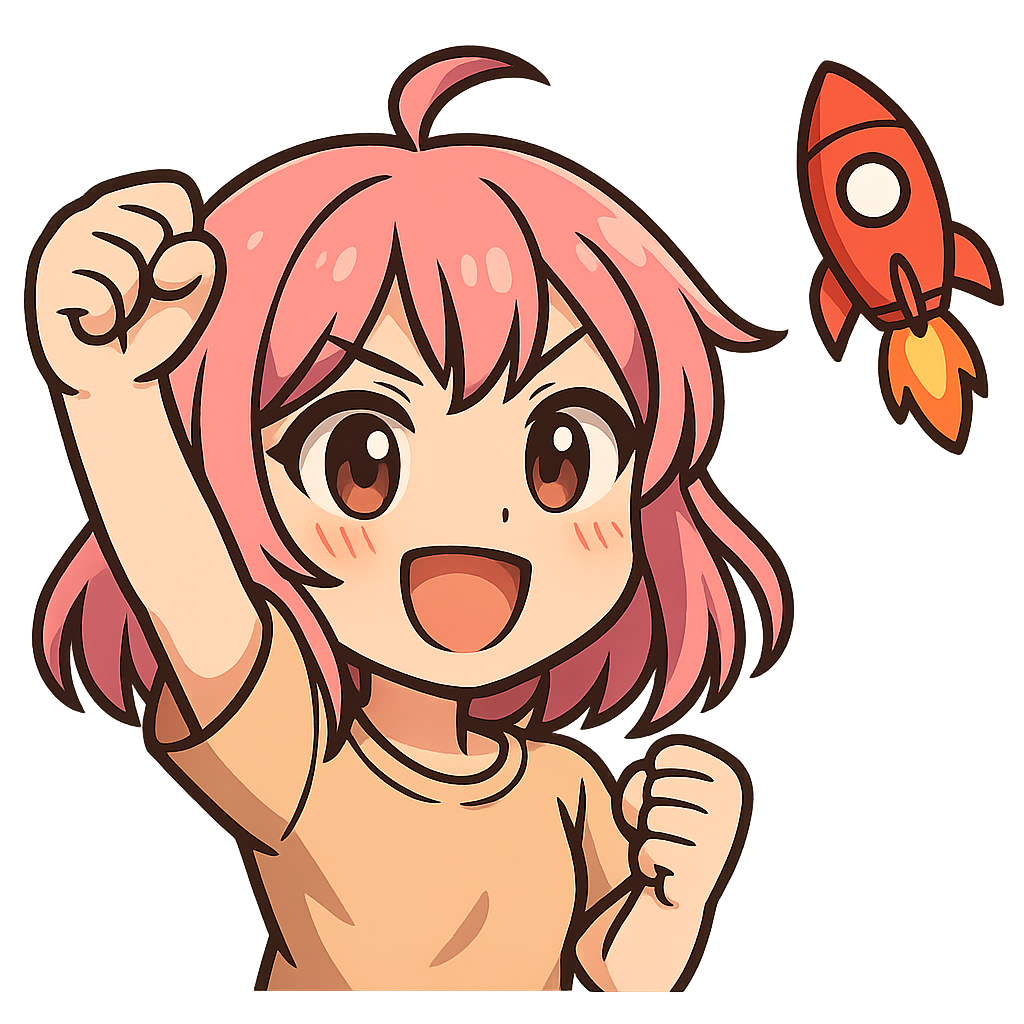 Cute anime-style girl emote, looking proud and energized, fist in the air or little rocket icon, pink hair, big expressive eyes, transparent background, cell‑shading style, high‑resolution, suitable for Twitch emote