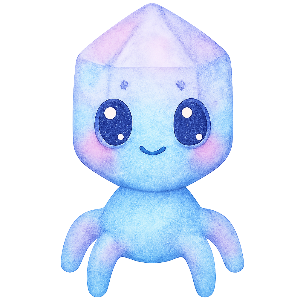 rich vibrant watercolor illustration, kawaii microbiology character, full body clearly visible from top to bottom, entire head fully in frame with extra space above it, centered composition, framed so the character occupies no more than 70% of canvas height, chubby bacteriophage with a rounded crystal-shaped head and short soft legs, soft pastel microbiology palette (main colors glacier blue and lilac with gentle periwinkle accent only), large shiny oval eyes with deep black pupils and oversized pale blue + pale pink reflective highlights (solid, non-white, remain visible on transparent PNG), tiny dot eyebrows, small simple smiling mouth, rosy cheeks, soft diffuse watercolor edges, smooth clean outer silhouette, crisp transparent edge, no outer shading, no vignette, no background wash, no text, no border, transparent background