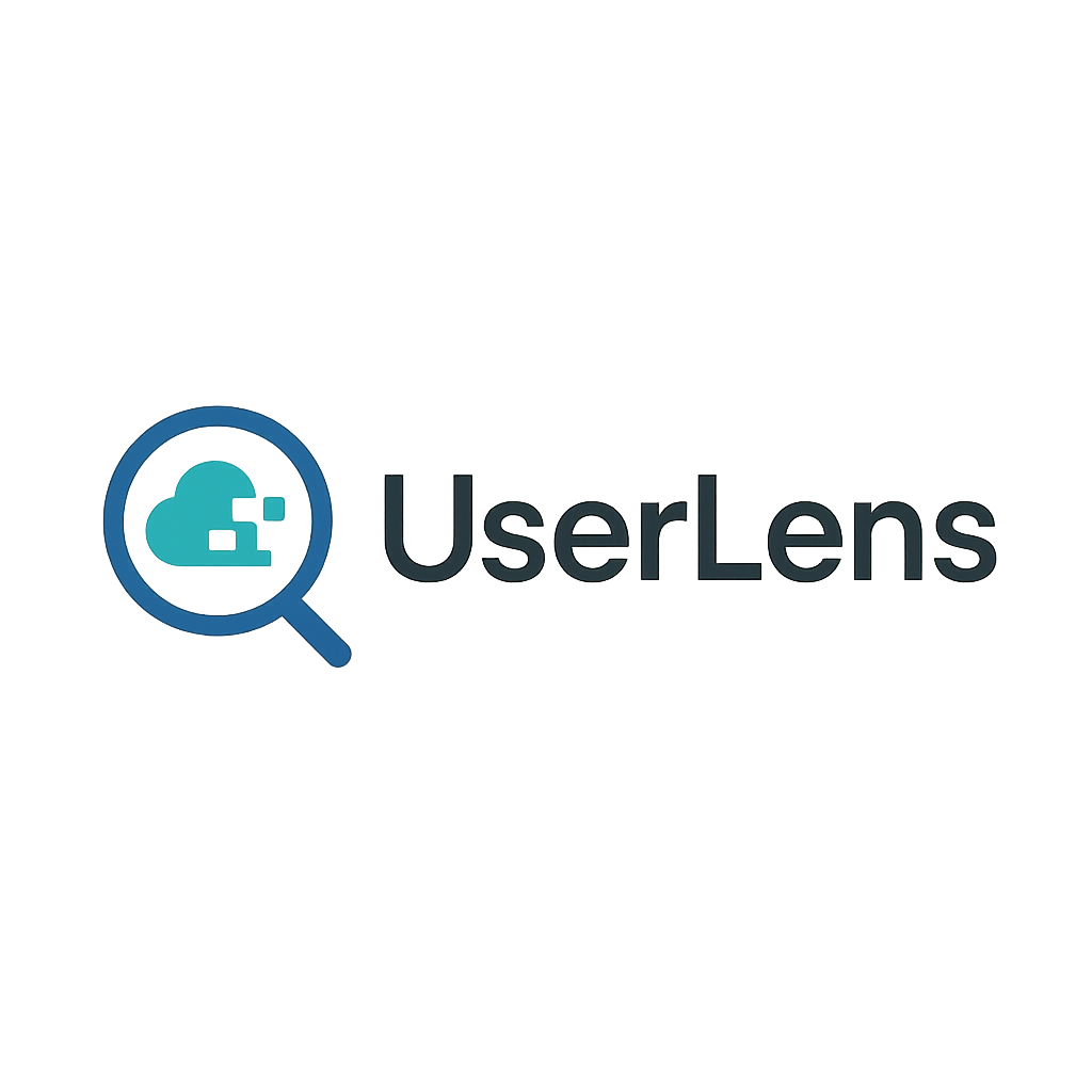 Professional modern logo for a software tool named UserLens, which lists and visualizes all a user's SaaS accounts. Icon on the left: stylized lens or magnifying glass with digital or cloud symbol, representing clarity and insight. Text “UserLens” on the right in clean sans-serif font. Blue and teal accents, minimalist vector flat style, transparent background PNG, centered horizontally, high resolution, no watermark.
