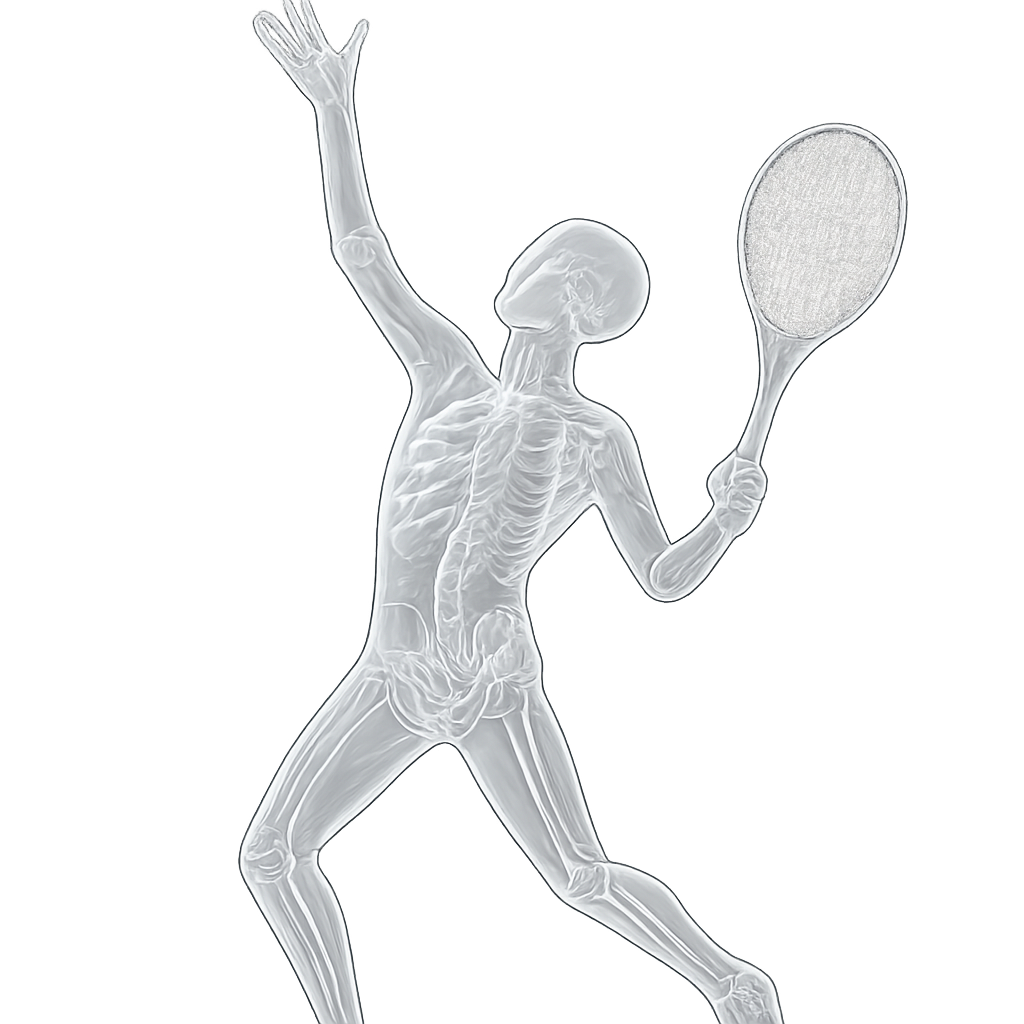 a transparent dummy man figure throwing a tennis ball into the air. i need him to be in action with his equipment too