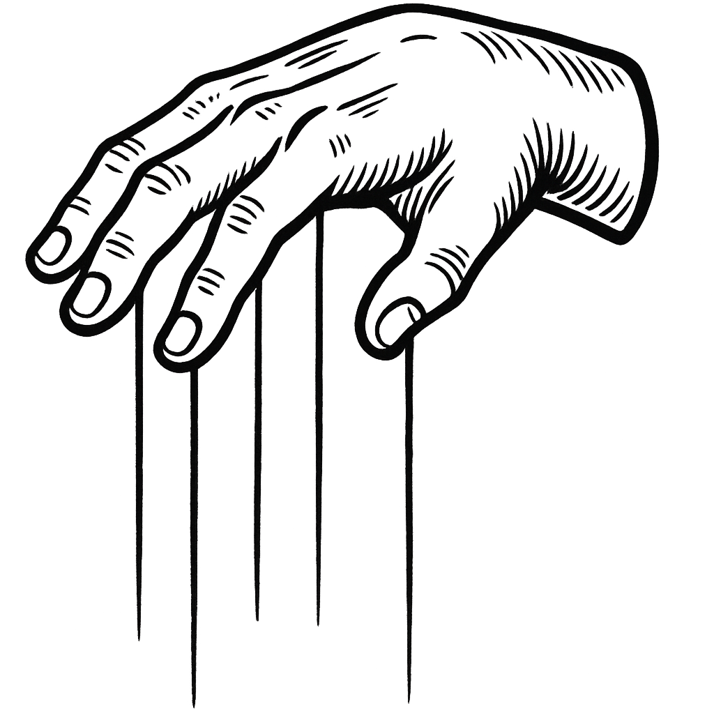 A hand illustrated in a black drawing style, with thick black outlines. Long, thin threads are tightly stretched and hanging from each of the five fingers. High-quality image with fine edges and clear artistic drawing style. No background, in PNG format.