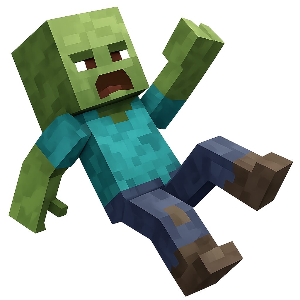 A Minecraft-style zombie villager, blocky and pixelated, shown from a side view. The zombie villager is mid-fall backwards with arms flailing and one leg bent, wearing tattered clothes and a surprised expression. Hands are blocky and cube-shaped, not detailed fingers. The art should be sharp and clean — no motion blur and no shadow — and match Minecraft’s blocky texture style. Use a transparent or white background with bright, even lighting. no hair